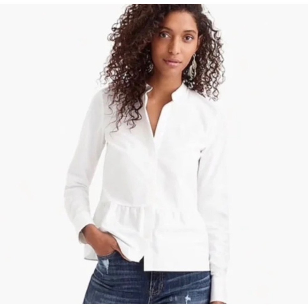 J.Crew White Cotton Poplin‎ Peplum Tunic Nehru Collar Hidden Button Top L